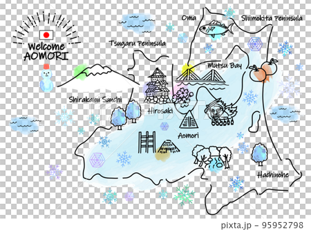 冬の青森県の観光地シンプル線画イラストマップ 冬の青森県の観光地シンプル線画イラストマップ 95952798