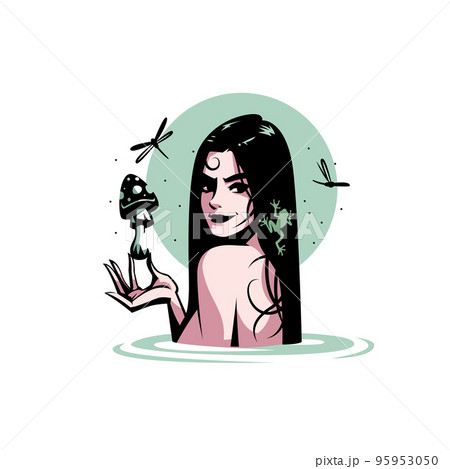 A mermaid woman in the water holds a fly agaric mushroom in her hand. A mermaid woman in the water holds a fly agaric mushroom in her hand. 95953050