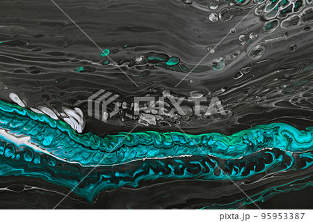 Fluid Art acrylic paints. Abstract mixing gray, green and blue waves. Liquid flows splashes. Marble effect background or texture 95953387