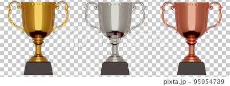 逼真的透明 3DCG 渲染圖像集,包括三個金、銀和銅獎杯或獎杯 逼真的透明 3DCG 渲染圖像集,包括三個金、銀和銅獎杯或獎杯 95954789