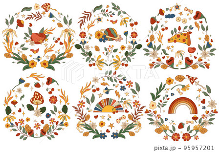 Positive composition 70s with a colorful space, groovy sun, mystical mushroom, pizza, flowers and leaves. Composition in a vintage style perfect for cards, poster, postcard, banner. Vector. Positive composition 70s with a colorful space, groovy sun, mystical mushroom, pizza, flowers and leaves. Composition in a vintage style perfect for cards, poster, postcard, banner. Vector. 95957201