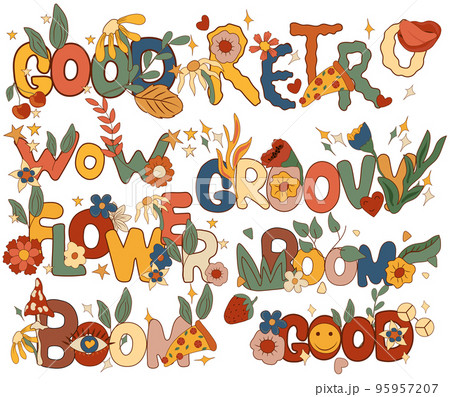 Positive composition 70s with colorful retro lettering, Groovy, Retro, Flower and other. Psychedelic hippie symbols perfect for cards, poster, postcard, banner. Vector Positive composition 70s with colorful retro lettering, Groovy, Retro, Flower and other. Psychedelic hippie symbols perfect for cards, poster, postcard, banner. Vector 95957207