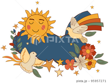 Positive composition 70s with cloud, sun smile, Flying dove, colorful flowers and leaves. Psychedelic groovy symbols perfect for cards, poster, postcard, banner. Vector Positive composition 70s with cloud, sun smile, Flying dove, colorful flowers and leaves. Psychedelic groovy symbols perfect for cards, poster, postcard, banner. Vector 95957271
