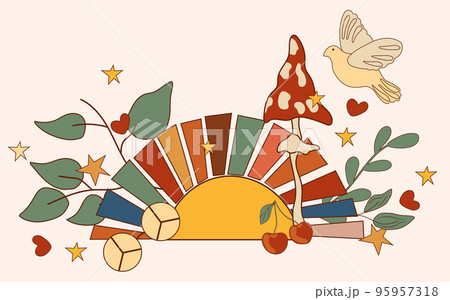 Positive hippie composition 70s with colorful sun, flowers and leaves, flying dove, mushroom. Psychedelic groove elements. Vintage poster perfect for poster, postcard, banner. Vector 95957318