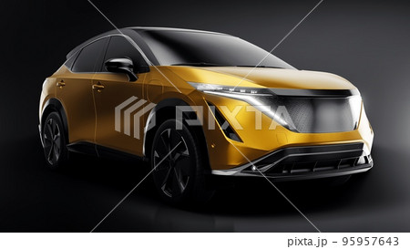 Gold electric SUV car of the new generation on a black background. 3d rendering. 95957643