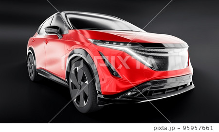Red electric SUV car of the new generation on a black background. 3d rendering. 95957661