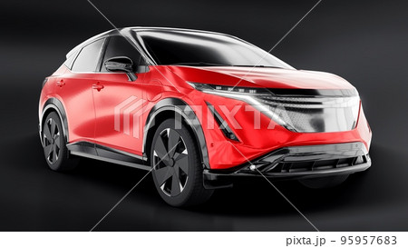 Red electric SUV car of the new generation on a black background. 3d rendering. Red electric SUV car of the new generation on a black background. 3d rendering. 95957683