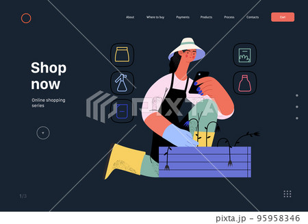 Shop now - Online shopping and electronic commerce web template - modern flat vector concept illustration of a woman gardening and shopping online. Promotion, discounts, sale and online orders concept 95958346