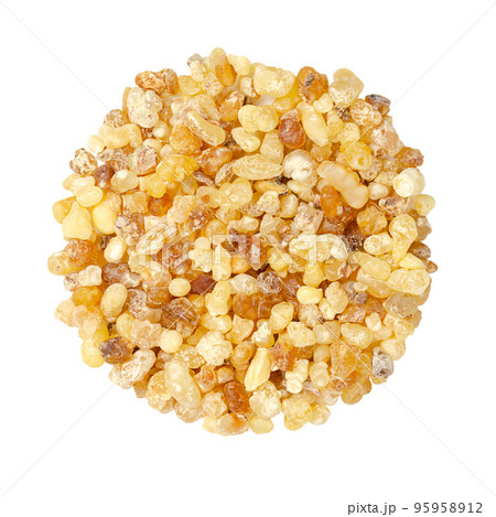 Frankincense pieces, olibanum tears, resin circle from above, isolated, over white. Aromatic resin, used in incense and perfumes, obtained from trees of the genus Boswellia in the family Burseraceae. 95958912