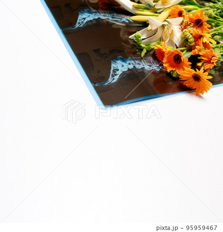 Computed tomography shot of the spine with flowers for congratulations on the day of radiologist, neurologist or traumatologist with place for text copy space on white background 95959467