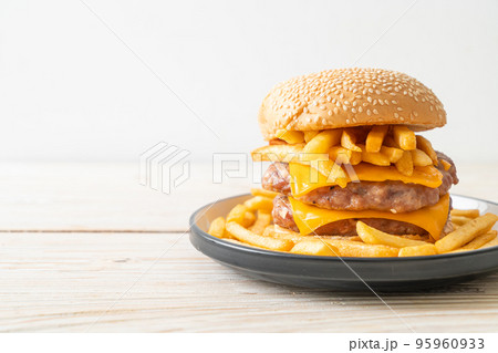 pork burger with cheese and french fries pork burger with cheese and french fries 95960933