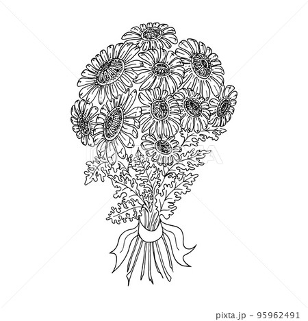 Botanical doodle. Chrysantbouquet black and white lineart, hand drawn sketch. Vector illustration Botanical doodle. Chrysantbouquet black and white lineart, hand drawn sketch. Vector illustration 95962491