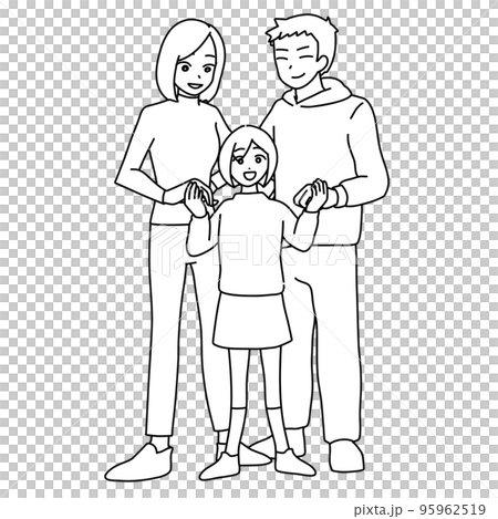 手を繋いで笑う両親と娘（線画） 95962519