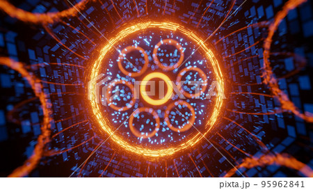 Flying in a tunnel through shimmering rings. 3D rendering illustration 95962841