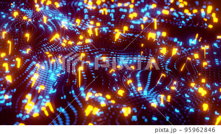 Animated wave moving structure of blue cubes with glare and radiance. 3D rendering illustration Animated wave moving structure of blue cubes with glare and radiance. 3D rendering illustration 95962846