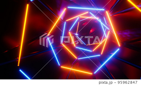 Flying in a tunnel with flashing blue and yellow fluorescent lights. 3D rendering illustration Flying in a tunnel with flashing blue and yellow fluorescent lights. 3D rendering illustration 95962847