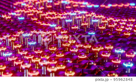 Luminous red spheres moving in waves. 3D rendering illustration Luminous red spheres moving in waves. 3D rendering illustration 95962848