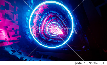 Flying inside a tunnel with blue rings. 3D rendering illustration. Flying inside a tunnel with blue rings. 3D rendering illustration. 95962891