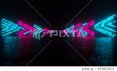 Red cyan neon background with glowing gradient arrows, showing forward direction. 3D rendering illustration. Red cyan neon background with glowing gradient arrows, showing forward direction. 3D rendering illustration. 95962912
