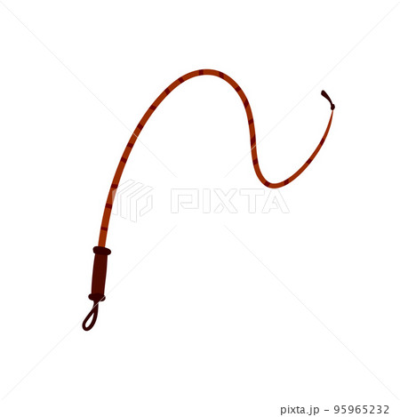 Whip for training an animal. Long cord. Horsewhip of Wild West. Flat cartoon. Concept of slavery, submission and domination Whip for training an animal. Long cord. Horsewhip of Wild West. Flat cartoon. Concept of slavery, submission and domination 95965232