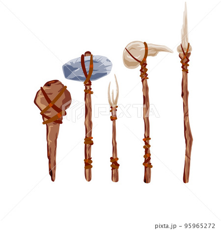 Prehistoric weapons. Set of caveman tools. Primitive spear and stone axe. 95965272