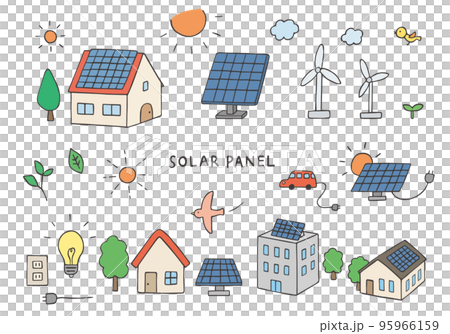 太陽光発電にまつわる手描きイラストセット（カラー） 95966159