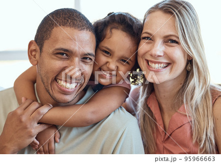 Multicultural parents child, portrait on sofa and happy mom and dad smile together in home while bonding love. Black man, woman and daughter girl with diversity, relax and hug on couch in house 95966663
