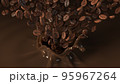 Arabica and Robusta coffee beans on splash coffee. 95967264