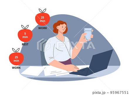 Work timing use. Pomodoro technique for successful job and doing all tasks. Business office woman or freelancer working with time management vector concept Work timing use. Pomodoro technique for successful job and doing all tasks. Business office woman or freelancer working with time management vector concept 95967551