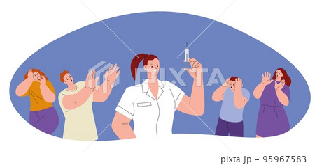 Anti vaxxers and doctor with syringe. People scared vaccination, man woman in panic looking at medicine. Fear of injection, vector adults phobia concept 95967583