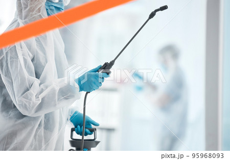 Hospital, cleaning and covid sanitation professional cleaner spray, disinfect and bacteria prevention. Safety, wash and cleaning service by person in healthcare clinic, hygiene and corona compliance 95968093