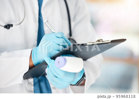 Covid doctor, thermometer and writing notes, information and healthcare planning, research and test results of fever, sick and flu check in clinic. Nurse hands, laser gun and corona virus safety risk 95968118