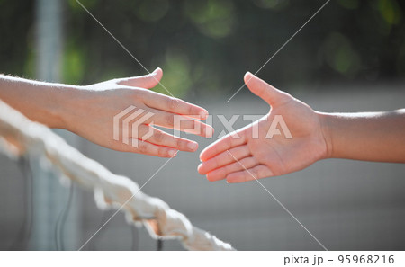 Tennis, shaking hands and sports court competition, challenge and welcome to start outdoor team games. Badminton training, handshake and collaboration, motivation and partnership for meeting athlete 95968216