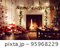 Living room home interior with christmas tree and fireplace 95968229