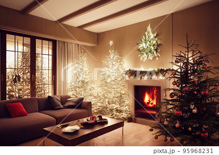 Living room home interior with christmas tree and fireplace 95968231