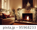 Living room home interior with christmas tree and fireplace 95968233