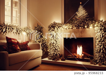 Living room home interior with christmas tree and fireplace 95968233