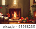 Living room home interior with christmas tree and fireplace 95968235