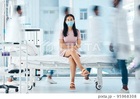 Covid face mask, woman or doctors in busy hospital for medical wellness, healthcare life insurance or bacteria test. Portrait, waiting or covid 19 patient in safety, security or compliance Covid face mask, woman or doctors in busy hospital for medical wellness, healthcare life insurance or bacteria test. Portrait, waiting or covid 19 patient in safety, security or compliance 95968308