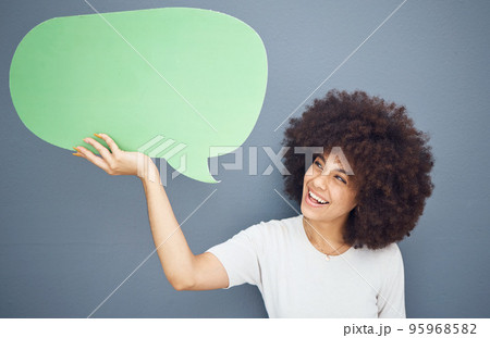 Happy black woman, speech bubble and studio background mockup space for advertising or product placement. Smile on face, information announcement for small business discount sale and excited woman. Happy black woman, speech bubble and studio background mockup space for advertising or product placement. Smile on face, information announcement for small business discount sale and excited woman. 95968582