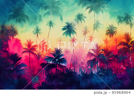 Beautiful sunset tropical beach with palm tree and pink sky for travel and vacation in holiday relax time 95968904