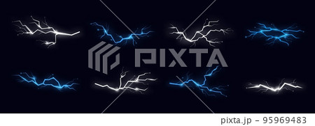 Flash thunderbolt elements. Light charge, thunder hit blue and white colors. Electrical power, energy bright effects. Lightning racy vector collection 95969483
