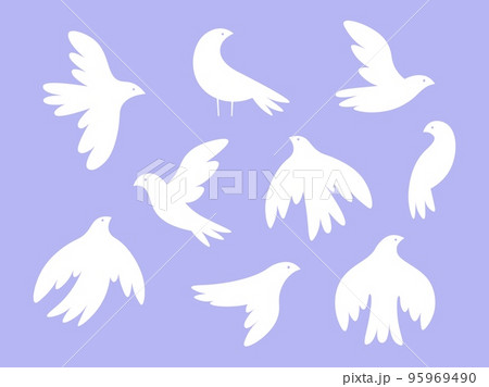 Isolated white birds silhouettes. Flying bird, dove or seagull. Peace symbols design. Racy vector wild abstract flock, trendy graphic for cutting 95969490