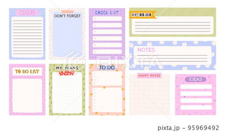 Notepads sheets template. Cartoon kids planner pages, to do and check list. Notepad schedule and lined paper. Racy cute diary journal vector design 95969492