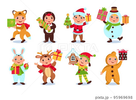 Cute little kids hold Christmas gifts. Funny children in holiday costumes with different New Year souvenirs. Santa elf and animal clothing. Festive outfits. Splendid vector Xmas set Cute little kids hold Christmas gifts. Funny children in holiday costumes with different New Year souvenirs. Santa elf and animal clothing. Festive outfits. Splendid vector Xmas set 95969698