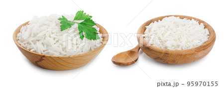 rice in a wooden bowl isolated on white background. Top view. Flat lay rice in a wooden bowl isolated on white background. Top view. Flat lay 95970155