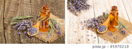 Herbal oil and lavender flowers on wooden background 95970219