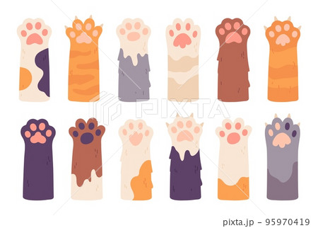 Cats palms. Cat paws with claws, cartoon pets paws-up cute furry kittens hands, drawing kitty hunter paw design leg or funny animal hands-up concept, garish vector illustration 95970419