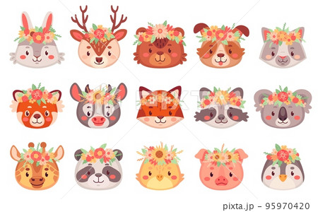 Animal flowers crown. Animals face in floral wreaths, child funny pet face with bohemian flower, dog or kitten quirky wreath nursery wildlife friends, ingenious vector illustration 95970420
