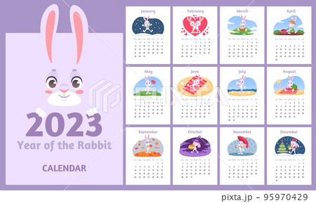 Bunny calendar. Advent 2023 year, cartoon rabbit monthly child planner baby shower, fun animal kids poster with months write notes chinese new years, ingenious vector illustration 95970429
